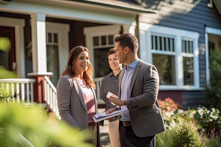 A couple reviews home listings together at a kitchen table with paperwork and a laptop.